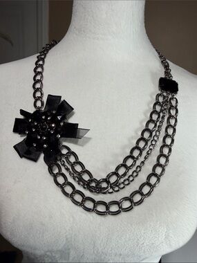 OOAK Gothic Gunmetal Black Crystal Ribbon Flower Layered Chain Statement Necklac